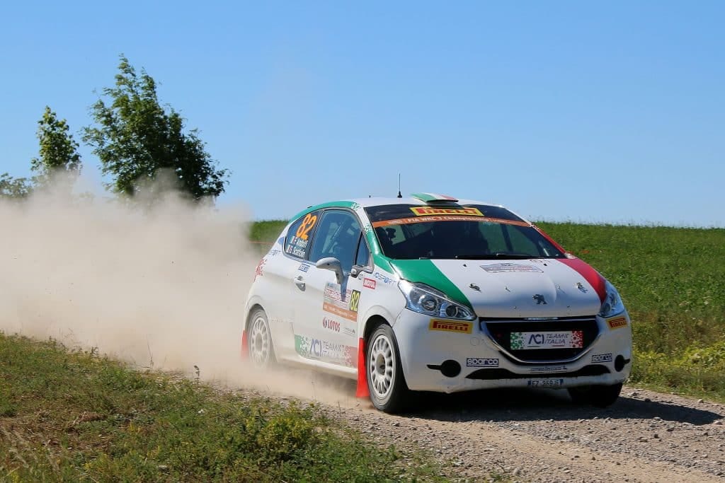 A rally car, Peugeot 208, driving on a dirt road with an engine oil pressure fault.