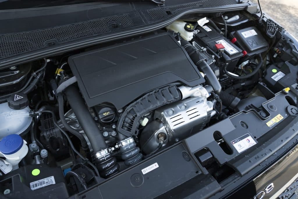 The engine compartment of a car.