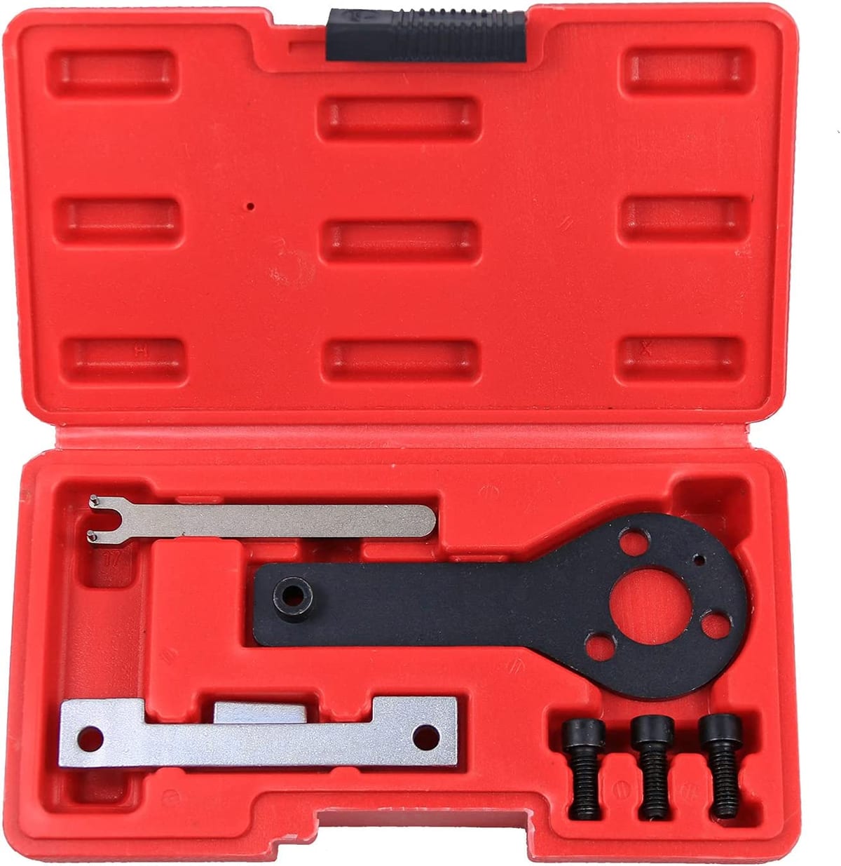 A set of tools in a red case.