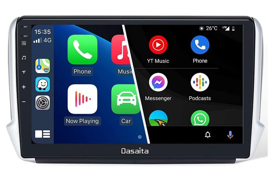 A car stereo with an apple and android app on it.